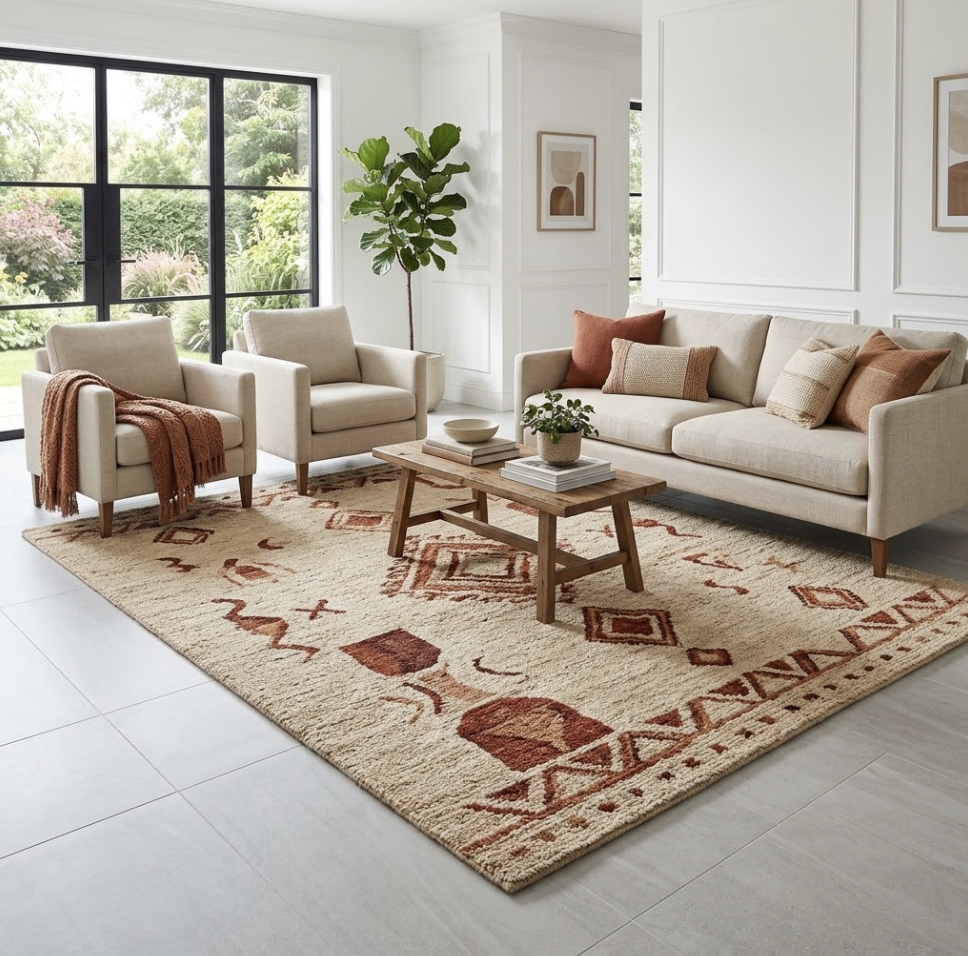 Warm oatmeal and rust wool rug on cool gray large-format porcelain tile in a bright living room